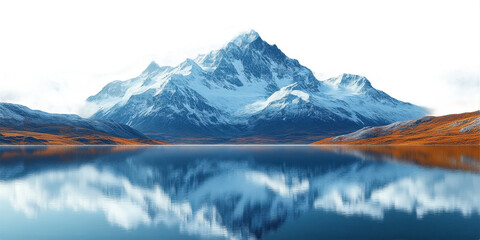 Majestic Snow Capped Mountain Range Reflected in Calm Lake on Transparent Background