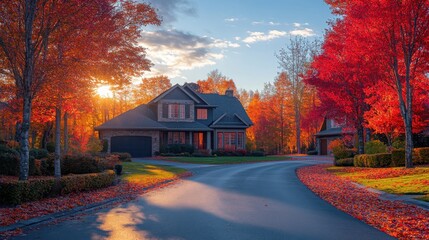 Bright colors of autumn surround a beautiful suburban house. The vibrant trees create a picturesque setting that captures the spirit of the season in a peaceful neighborhood.