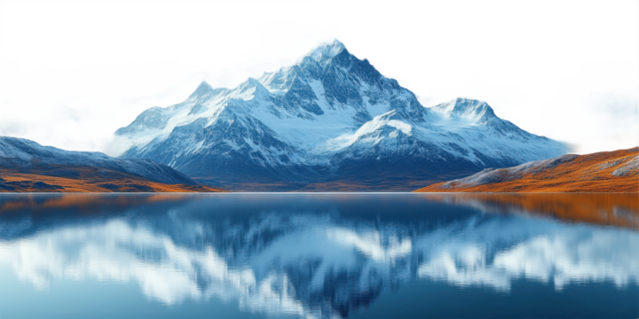 Majestic Snow Capped Mountain Range Reflected in Calm Lake on Transparent Background