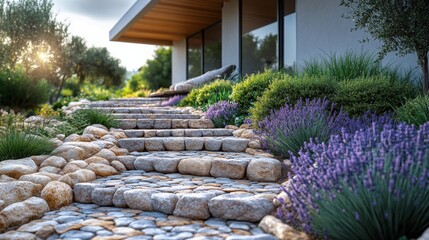 Stone steps connect garden paths, surrounded by vibrant green ground cover and plants, creating a tranquil outdoor space on a sunny day.