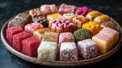 Delicious varieties of rahat lukum displayed in an elegant plate against a dark background