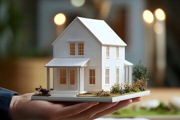House model with real estate agent and customer discussing for contract to buy house, insurance or loan concept