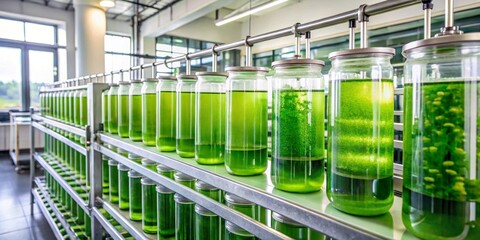Naklejka premium Rows of Glass Jars Filled with Vibrant Green Liquid in a Modern Scientific Laboratory Setting