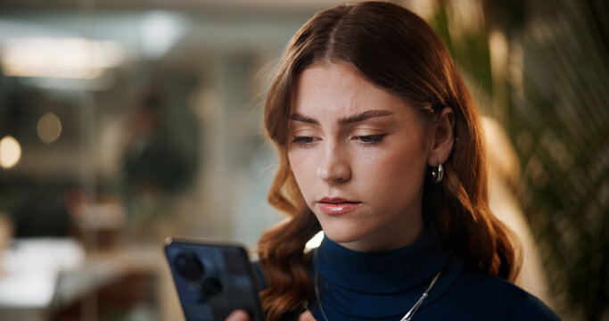 Night, woman and frown with phone for business, incorrect password and spam notification in office. Employee, overtime stress or mobile in agency with network error, missed email or reading fake news