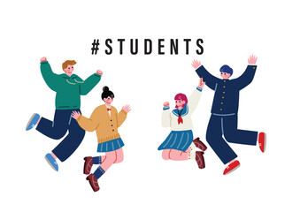 ジャンプする制服を着た学生の男女