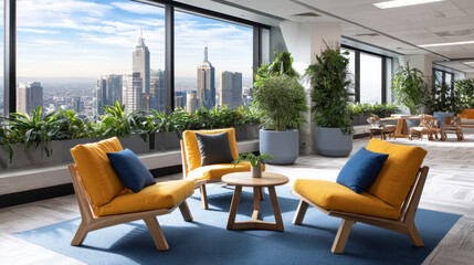 Obraz premium Modern office lounge with colorful seating and lush greenery, overlooking city skyline with tall buildings and blue sky, creating relaxing and vibrant workspace environment