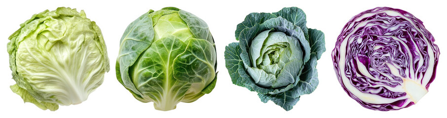 PNG Variety of fresh cabbages displayed, element set on transparent background