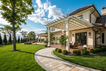Beautiful backyard featuring a patio with pergola, lush green lawn, and elegant landscaping creating a luxurious outdoor living space