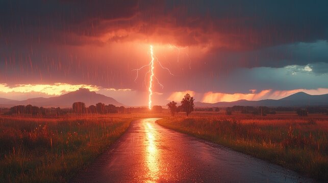 Dramatic lightning strike over a winding road on a stormy sunset