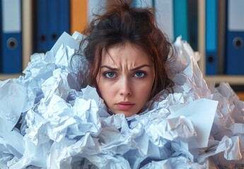 stressed young woman overwhelmed by a large pile of crumpled white papers in an office setting with colorful binders in the background