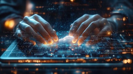 Close-up of hands interacting with a futuristic digital interface on a transparent touch screen with glowing data and holographic elements creating a high-tech atmosphere