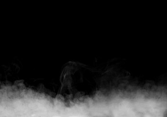 Mysterious smoke billows out, separated from the background, creating an abstract mystical atmosphere as particles of vapor and incense float into the air. Dark grey smoke mixes with mistvapor	

