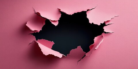 large irregular torn hole in textured pink surface revealing dark void behind with curled torn edges