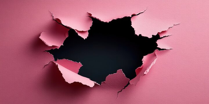 large irregular torn hole in textured pink surface revealing dark void behind with curled torn edges