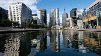 Fototapeta premium Modern urban architecture with reflecting water surface in a vibrant business district under a clear blue sky