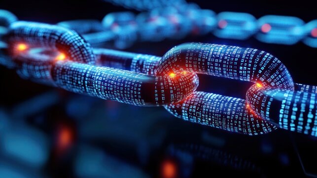 Close-up of a glowing digital chain link representing data security and blockchain technology with binary code and bright orange connection points
