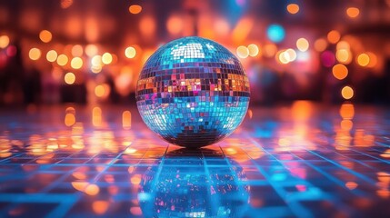 Obraz premium Shiny disco ball reflecting colorful lights on a glossy, patterned dance floor with blurred vibrant bokeh background conveying a festive and energetic atmosphere