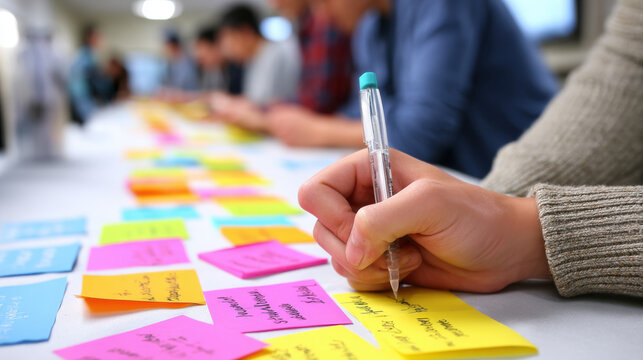 Person writing on yellow sticky note during group brainstorming session with colorful notes on table, showing teamwork and idea sharing in collaborative environment