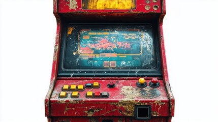 Worn vintage red arcade game machine with faded screen and multiple buttons showing heavy signs of use and age