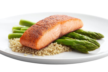 Grilled salmon with asparagus and quinoa on white plate, cut out