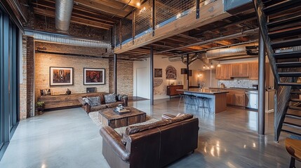 Urban loft with rustic elements, exposed pipes, and steel features.