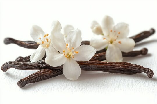 Close-up of three vanilla pods with delicate white flowers resting on a white textured surface, evoking natural freshness and subtle elegance