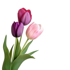 Fototapeta premium Three colorful tulips isolated on transparent background