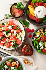 Different kinds of summer salads. Healthy lifestyle.