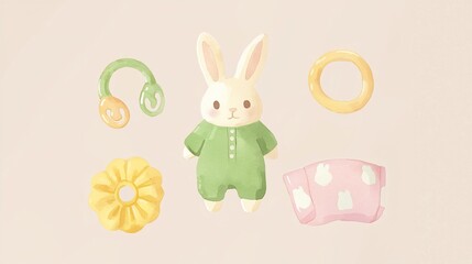 Adorable baby items bunny, teether, pacifier, diaper, headband