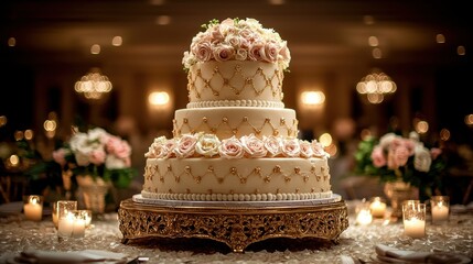 Elegant three-tiered wedding cake, adorned with roses and gold accents, sits on a decorative stand