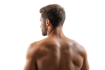 Muscular young caucasian male from behind on black background, cut out
