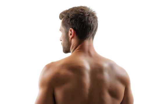 Muscular young caucasian male from behind on black background, cut out
