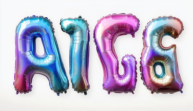 Shiny metallic balloons shaped as letters and numbers A, 1, 5, and 6 in iridescent blue and purple colors on a white background