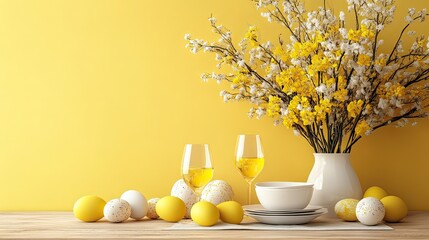 Still life of easter eggs, flowers, and wine against yellow wall