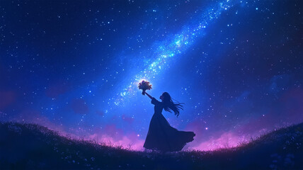 天の川に花を捧げる少女のシルエット