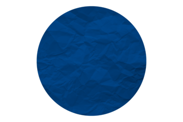 blue circle sticker with crumpled edges. Wrinkled round paper isolated on transparent background.