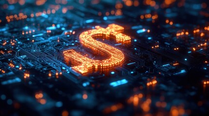 Glowing orange dollar symbol embedded in a dark blue and black futuristic electronic circuit board representing digital currency and technology