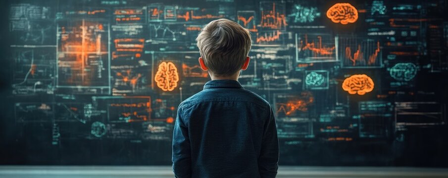 young child facing a large screen with glowing brain icons and complex graphical data, charts, and equations, symbolizing learning and curiosity