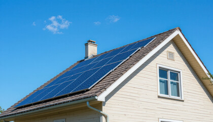 Residential House With Solar Panels on Roof Generating Green Energy Against Blue Sky	
