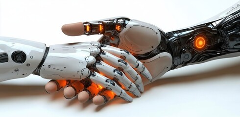 Two robotic arms with detailed mechanical joints engaging in a handshake with glowing orange elements, symbolizing connection and cooperation.