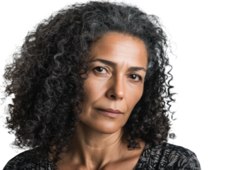Mature caucasian female with curly gray hair and serious expression, cut out