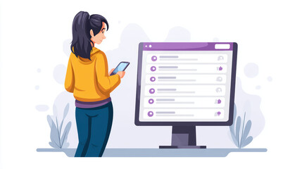 Woman using smartphone next to large computer monitor displaying social media or messaging interface, with calm outdoor background, illustrating digital communication or social networking