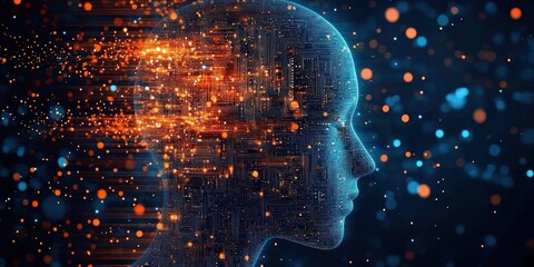 Abstract digital illustration of a human head composed of circuit board patterns with glowing orange and blue particles flowing outward, symbolizing artificial intelligence and data flow