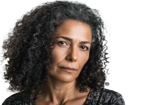 Mature caucasian female with curly gray hair and serious expression, cut out