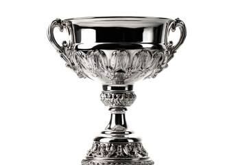 Elegant silver trophy cup with ornate detailing on black background, cut out
