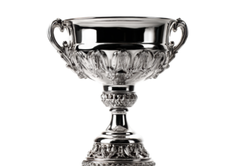 Elegant silver trophy cup with ornate detailing on black background, cut out