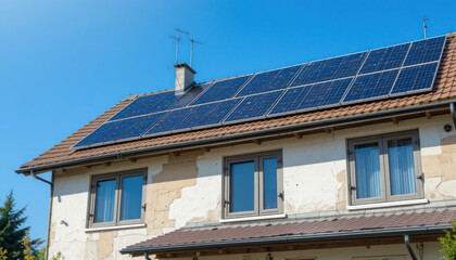Residential House With Solar Panels on Roof Generating Green Energy Against Blue Sky	
