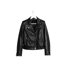 Stylish black leather jacket on hanger fashion apparel on transparent background