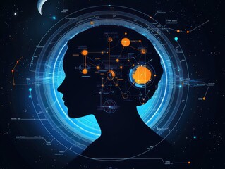 Silhouette of a human head filled with glowing interconnected orange circles and scientific diagrams against a cosmic deep blue background with stars and a crescent moon