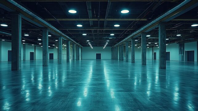 Empty industrial hall, lit by overhead lights
